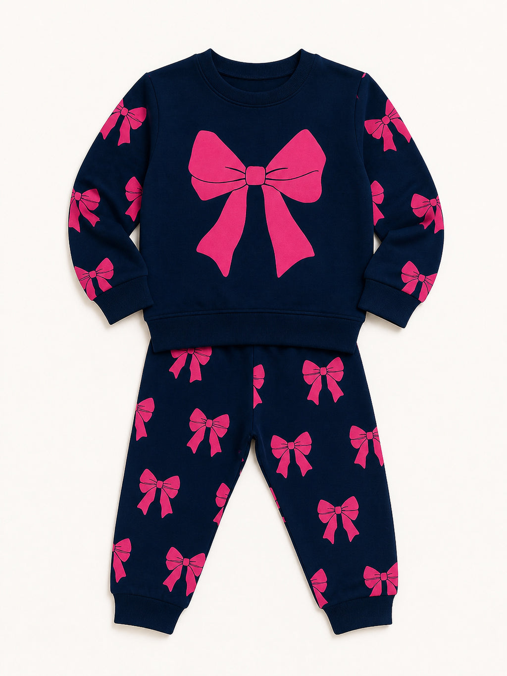 Girls’ Premium Bow Fleece Set (Navy & Pink)