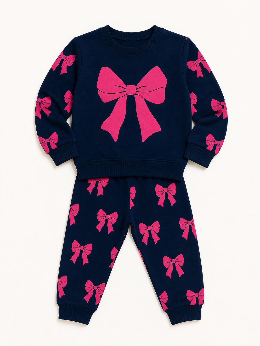 Girls’ Premium Bow Fleece Set (Navy & Pink)