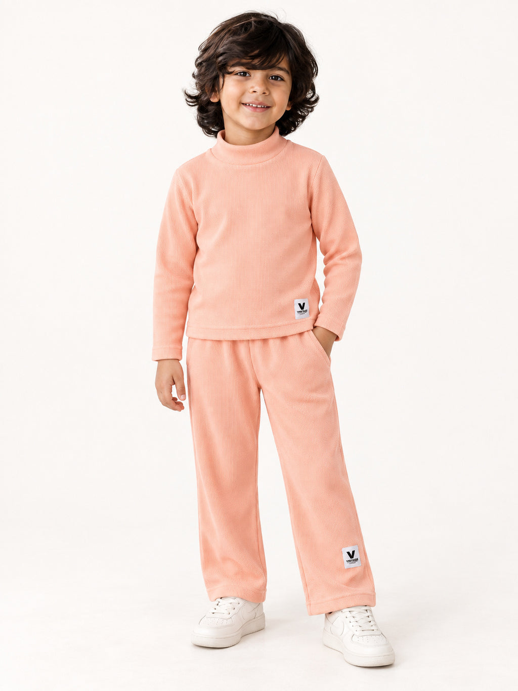 Peach Glow Waffle-Knit Winter Co-Ord Set