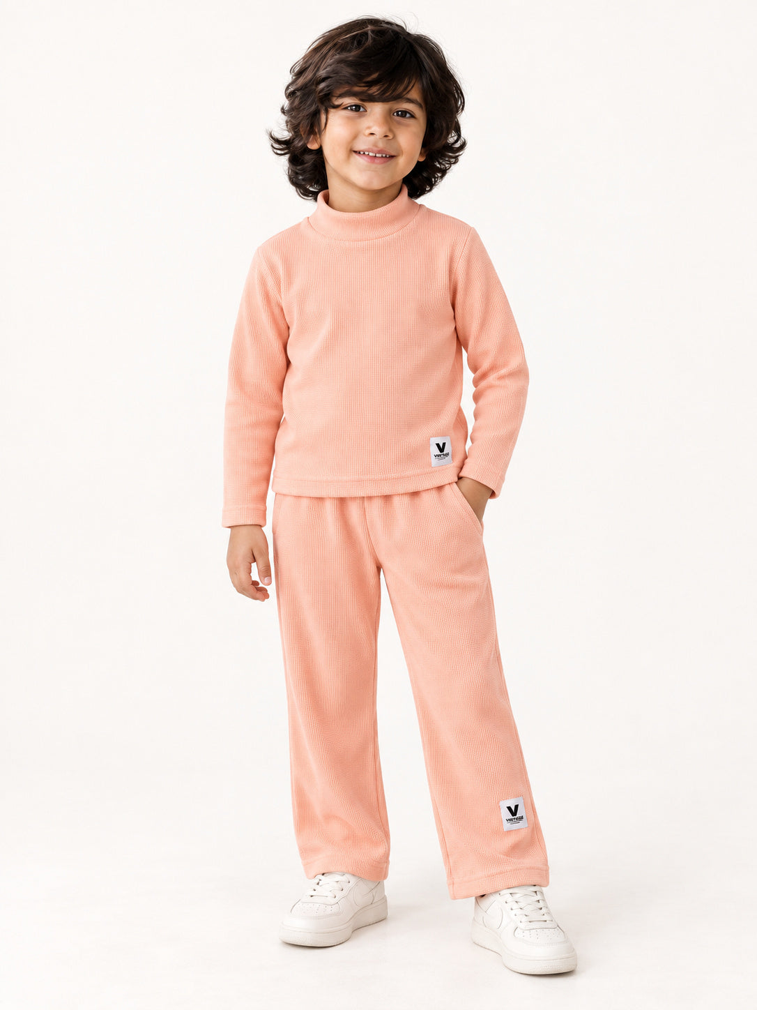 Peach Glow Waffle-Knit Winter Co-Ord Set