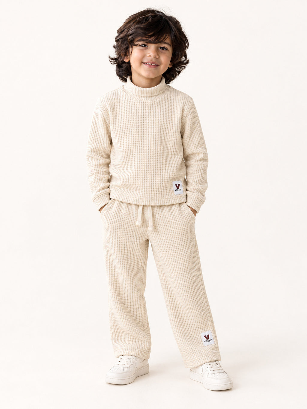 Ivory White Waffle-Knit Winter Co-Ord Set