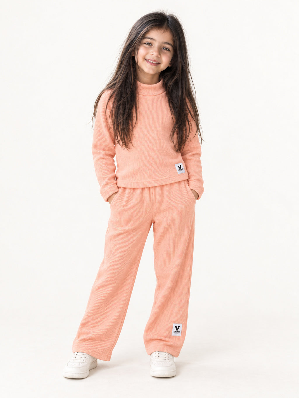 Peach Glow Waffle-Knit Winter Co-Ord Set