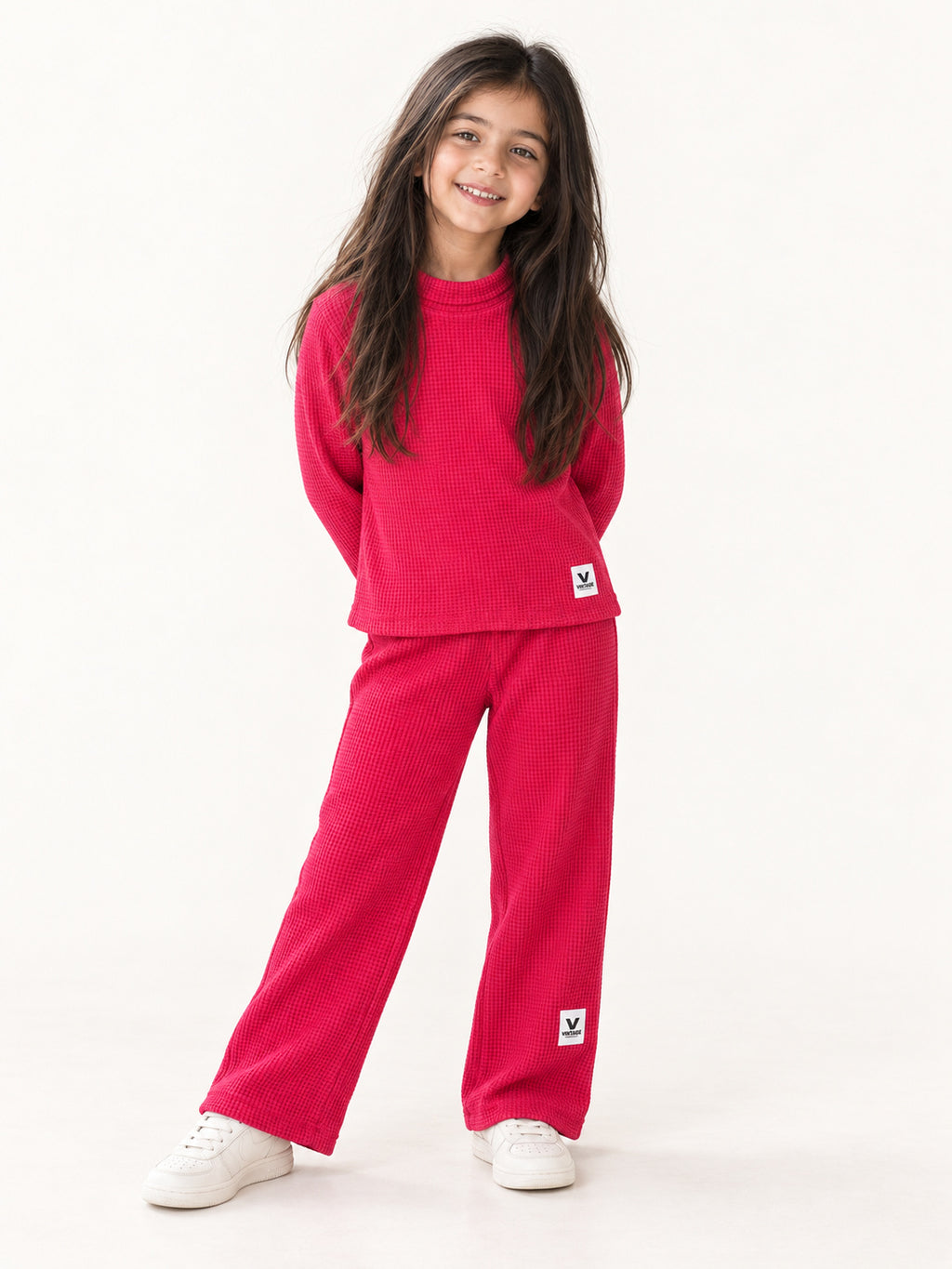 Raspberry Pop Waffle-Knit Winter Co-Ord Set