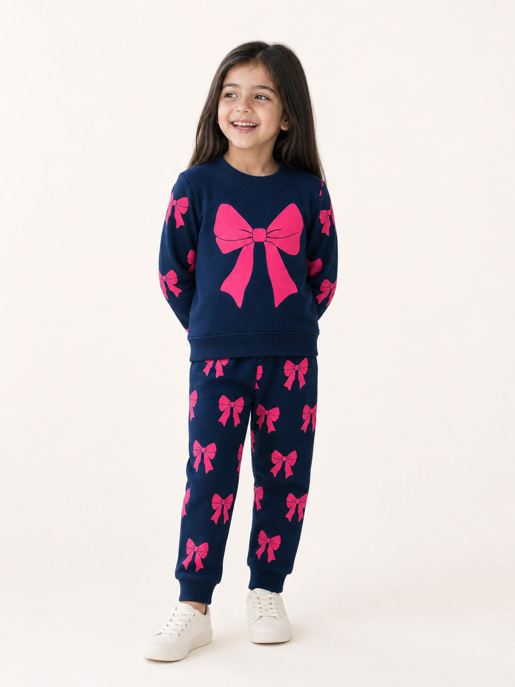 Girls’ Premium Bow Fleece Set (Navy & Pink)
