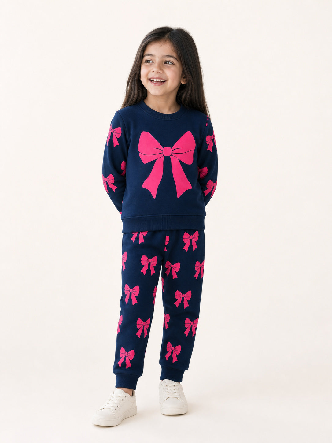 Girls’ Premium Bow Fleece Set (Navy & Pink)