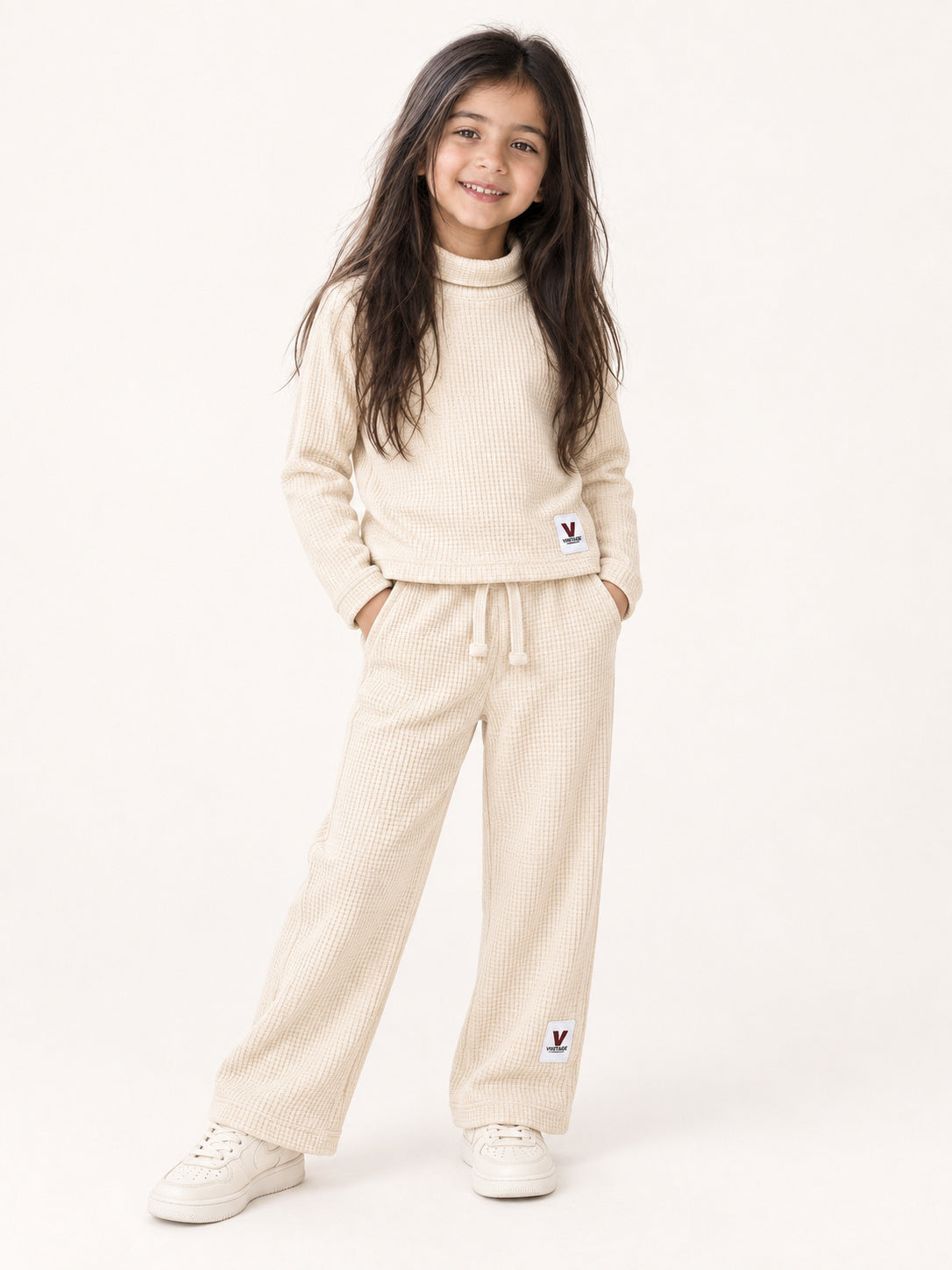 Ivory White Waffle-Knit Winter Co-Ord Set