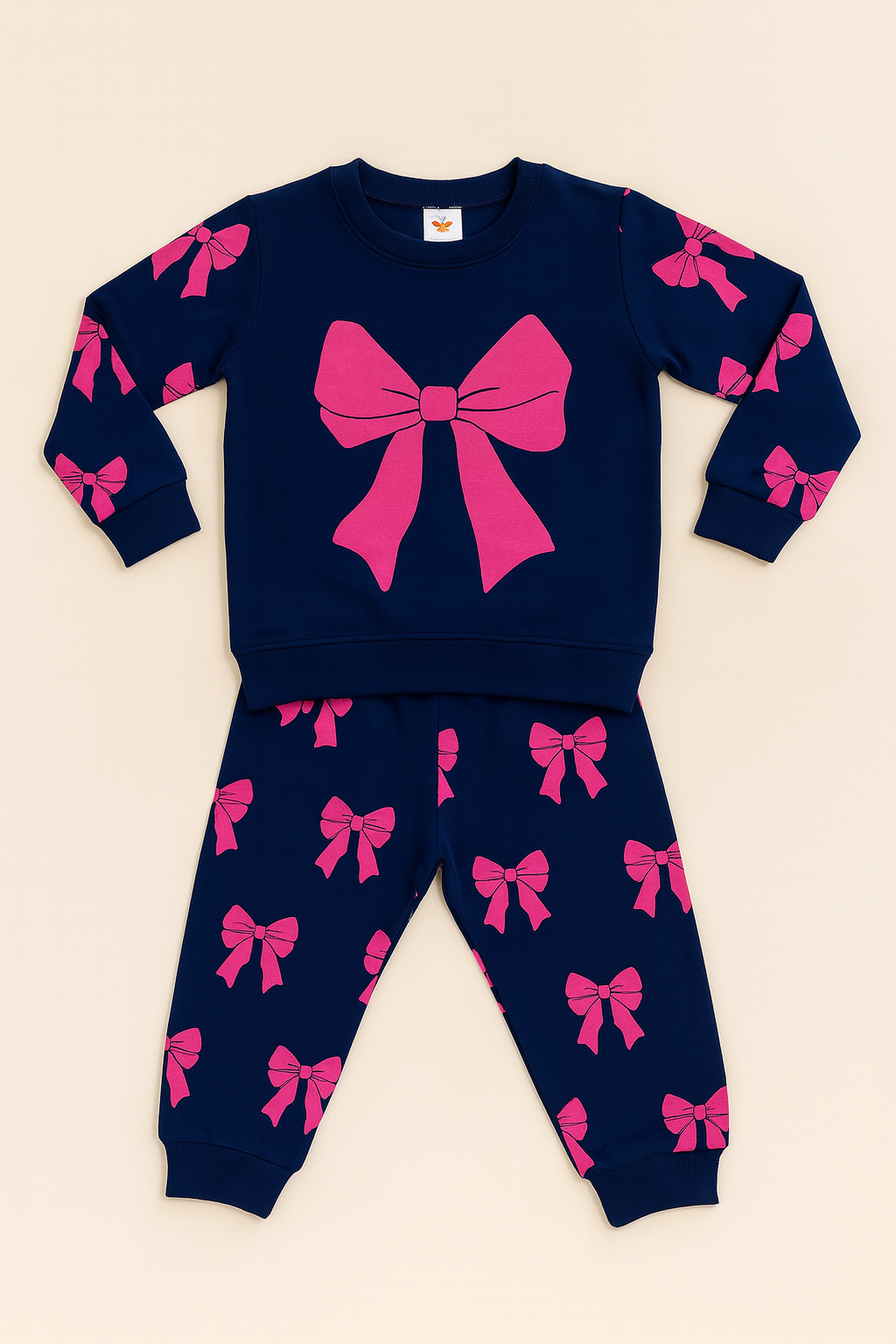 Girls’ Premium Bow Fleece Set (Navy & Pink)