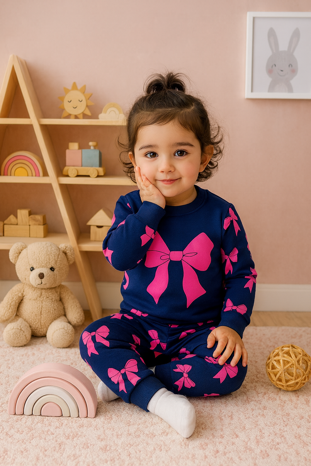 Girls’ Premium Bow Fleece Set (Navy & Pink)