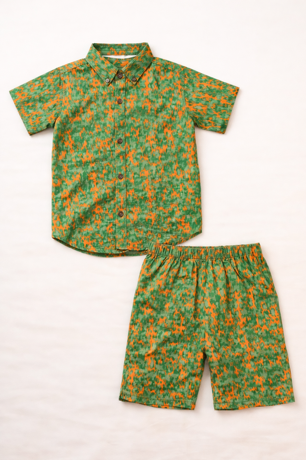 Tropical Splash Printed Shirt & Shorts (Green & Orange)