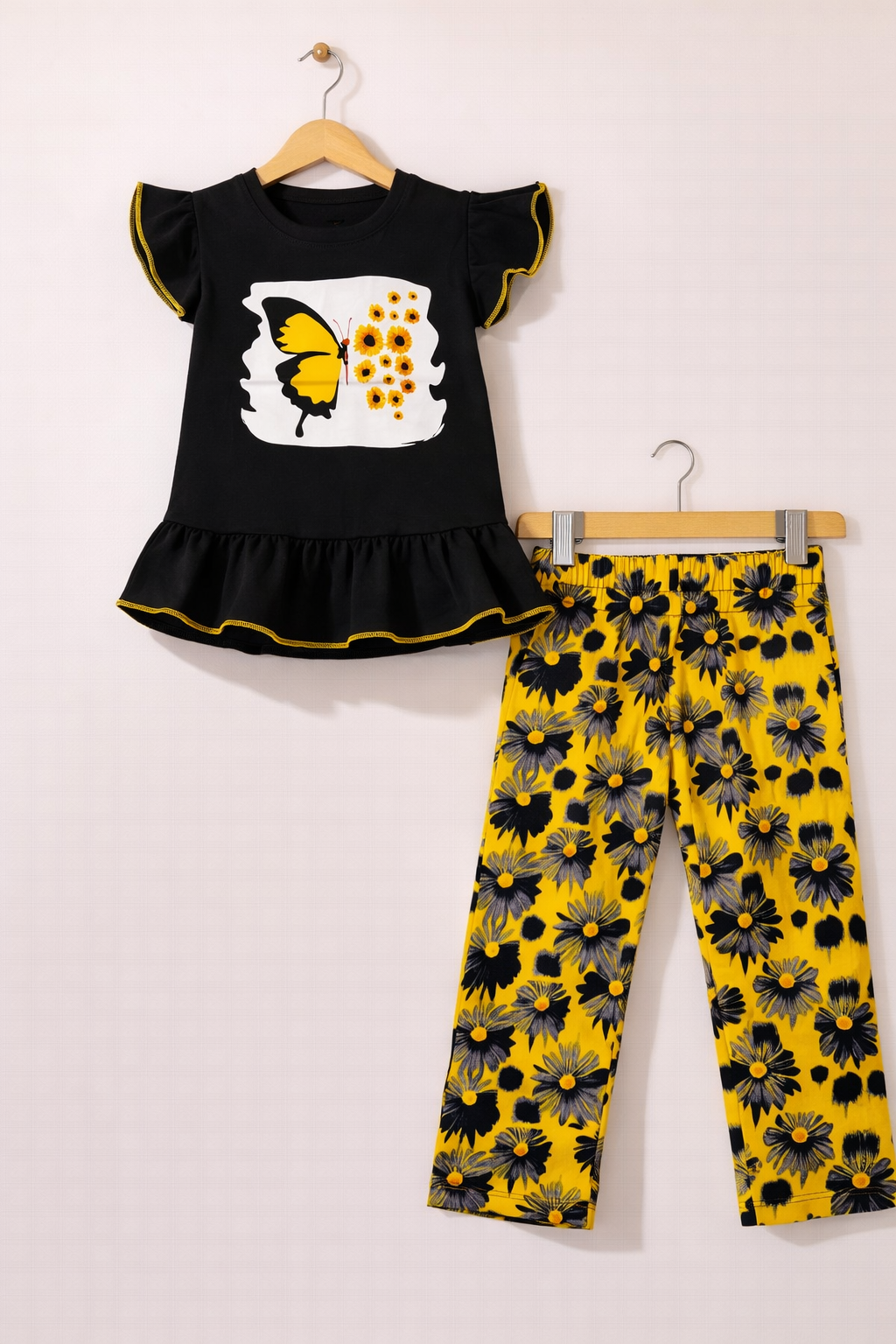 Butterfly Bloom Premium Cotton Co-Ord Set (Black & Mustard)