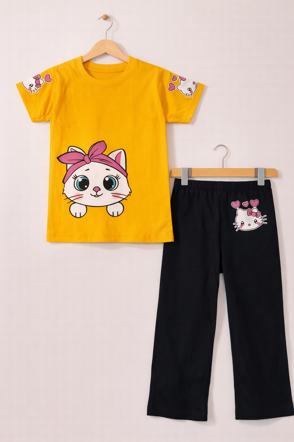 Cute Kitty Cotton Tee Set (Mustard & Black)