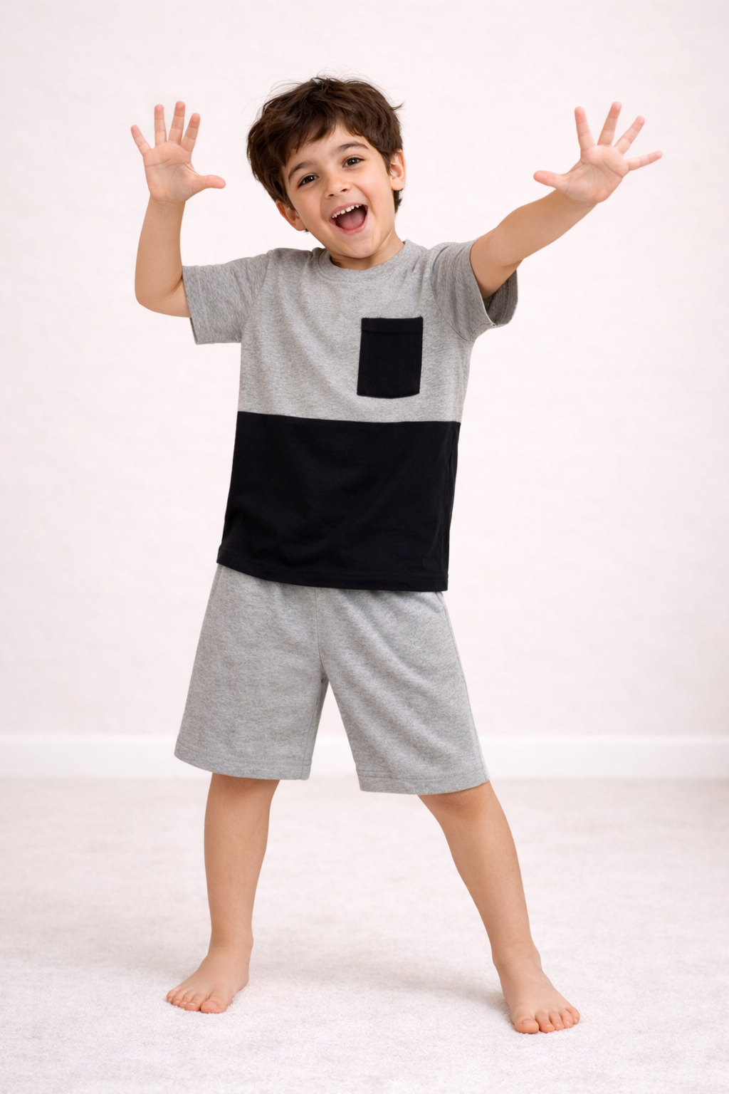Silver & Black Pocket Cotton Short Set