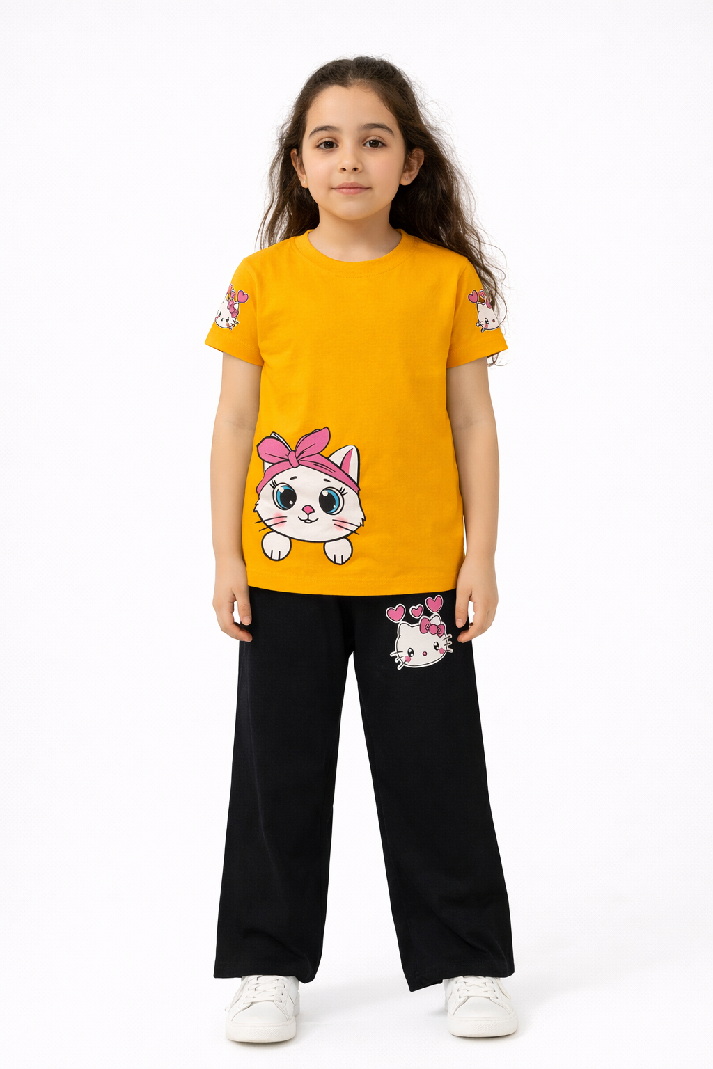 Cute Kitty Cotton Tee Set (Mustard & Black)
