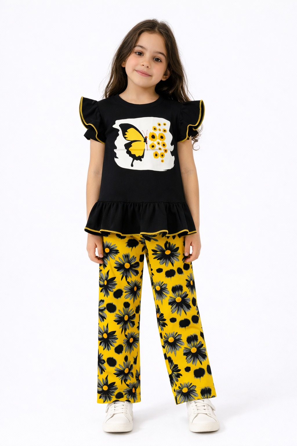 Butterfly Bloom Premium Cotton Co-Ord Set (Black & Mustard)