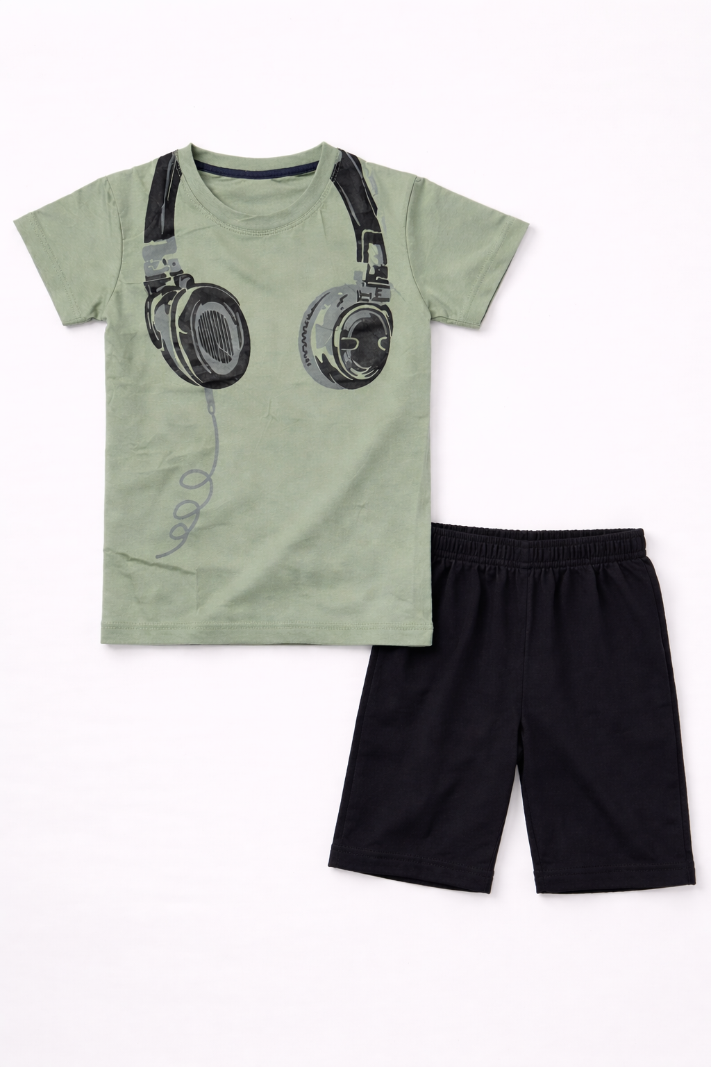 Headphone Vibes Cotton Short Set (Sage Green & Black)