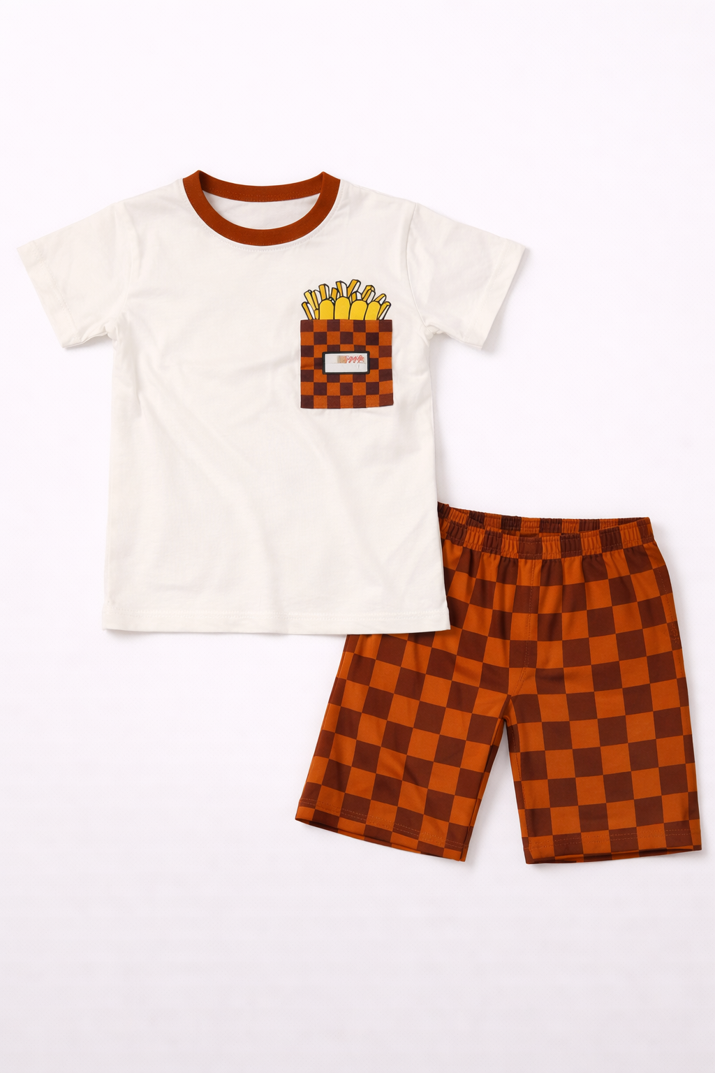 Snack Time Cotton Short Set (White & Brown)
