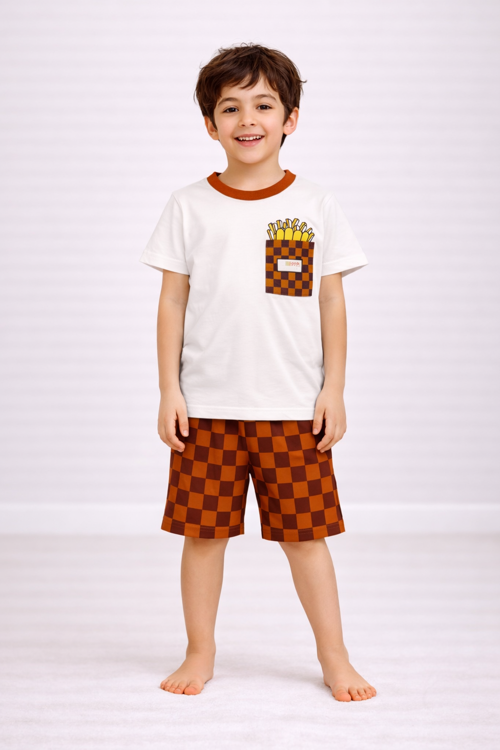 Snack Time Cotton Short Set (White & Brown)