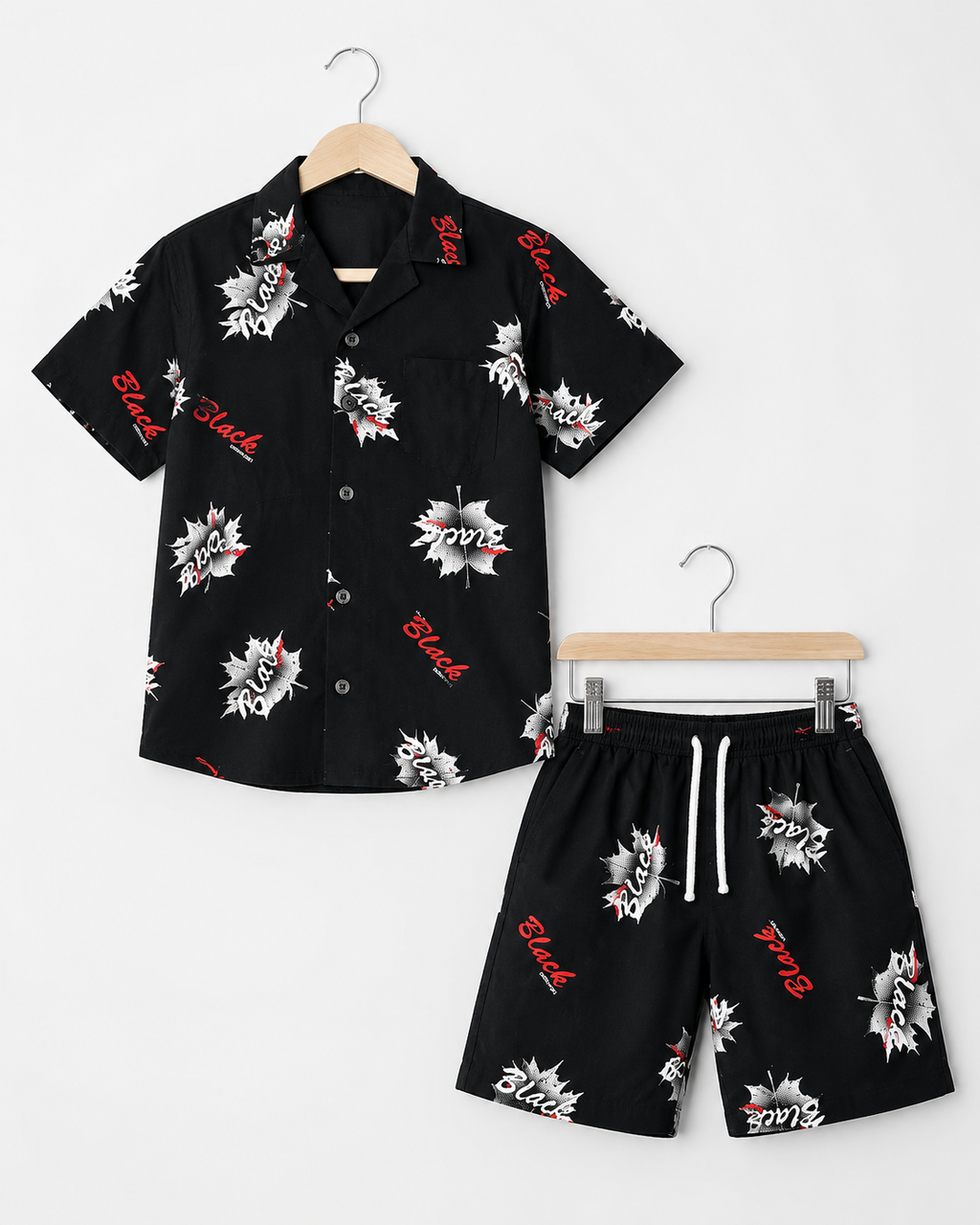 Cuban Collar Shirt & Shorts Set (Black)