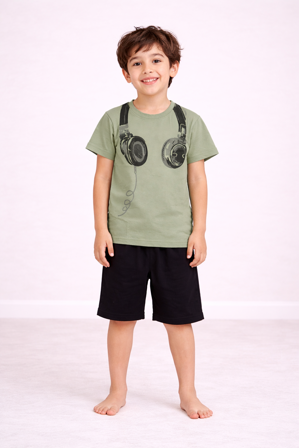 Headphone Vibes Cotton Short Set (Sage Green & Black)