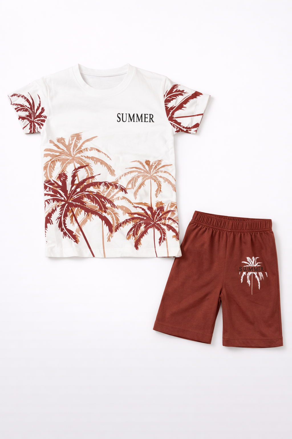 Summer Palms Cotton Short Set (Off-White & Rust)
