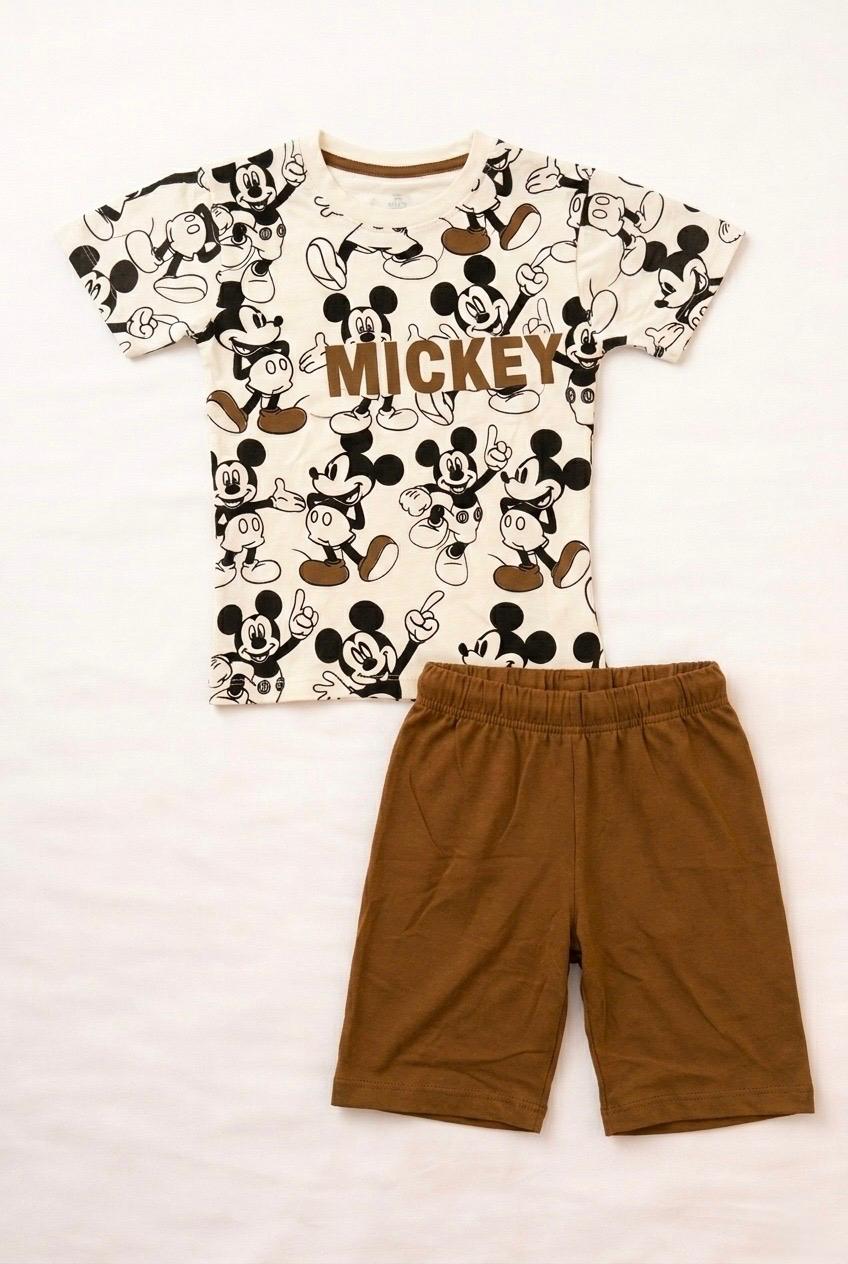 Mickey Playday Cotton Short Set (White & Brown)