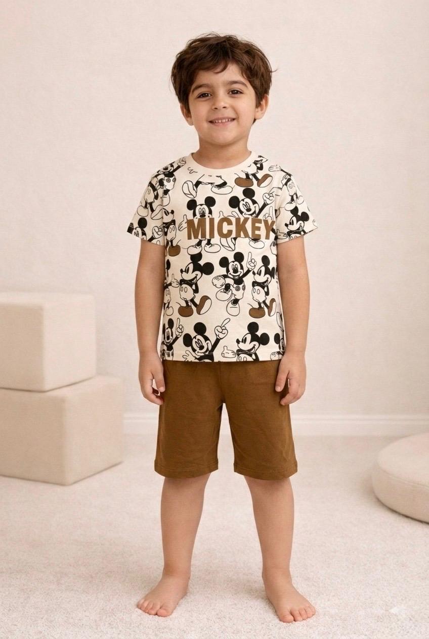 Mickey Playday Cotton Short Set (White & Brown)