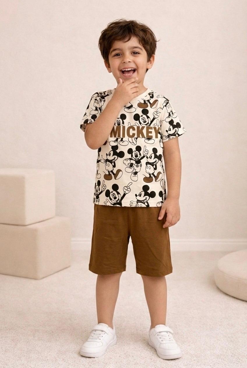 Mickey Playday Cotton Short Set (White & Brown)