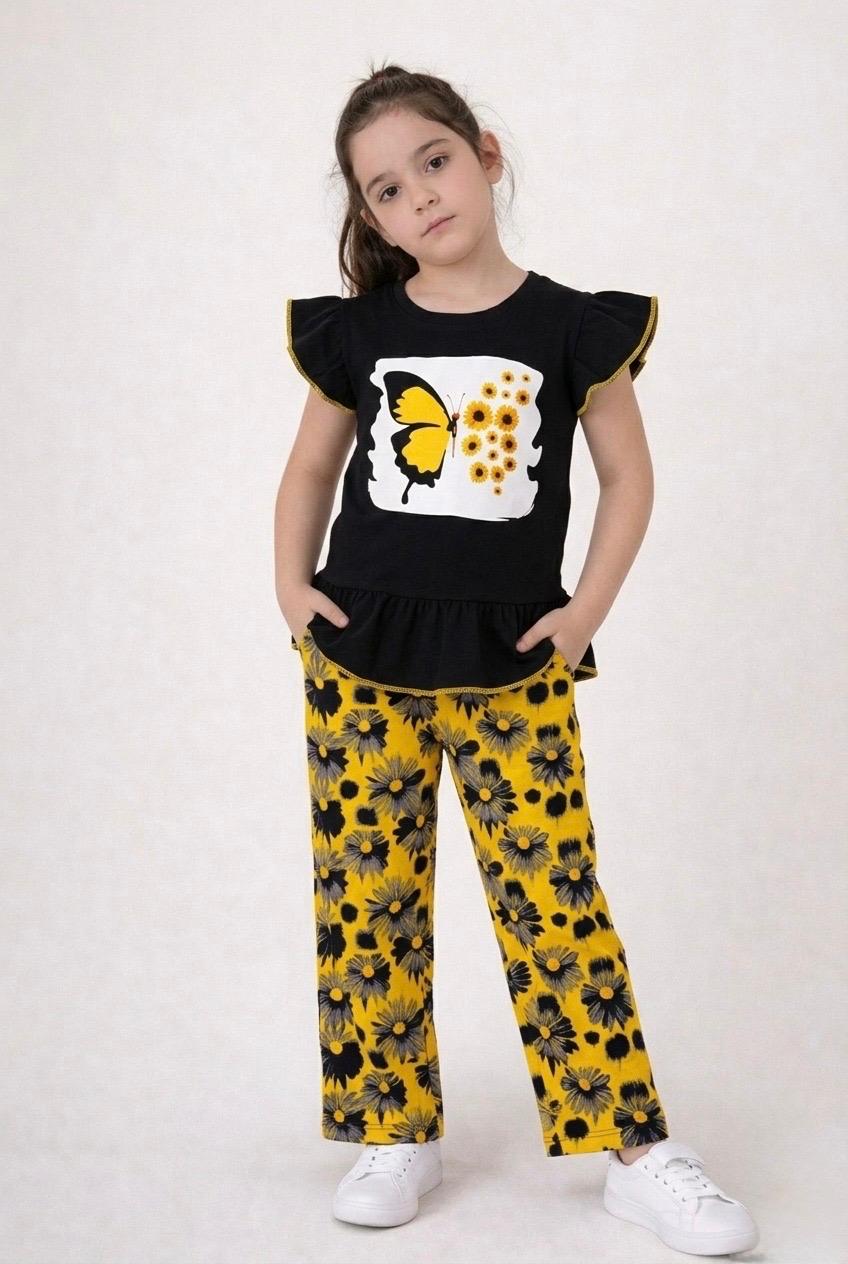 Butterfly Bloom Premium Cotton Co-Ord Set (Black & Mustard)